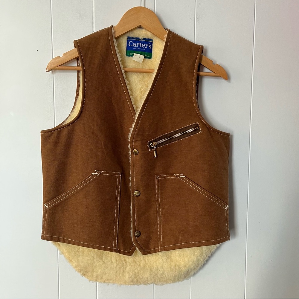 Vintage Carters Fleece Lined Canvas Vest 1970s Work Sherpa Duck USA Brown Tan